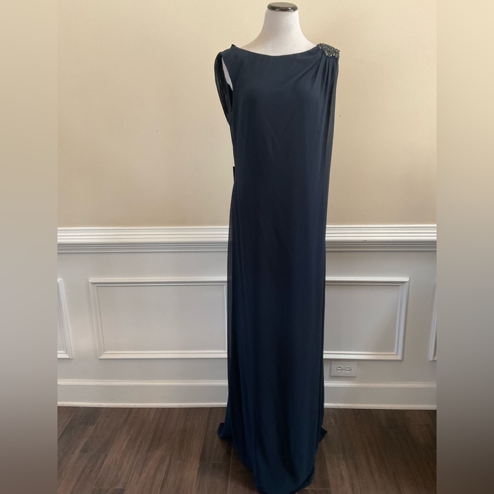 TADASHI SHOJI Navy Blue Sleeveless Drape Back Goddess Evening Gown Size 16